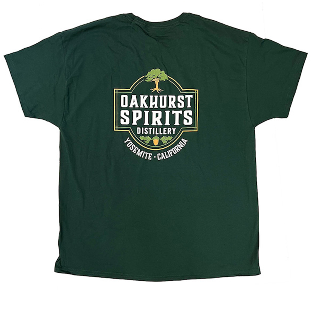 Green tee shirt with Oakhurst Spirits logo large in the middle